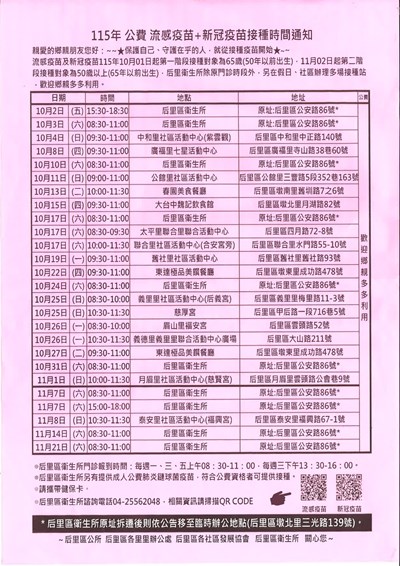 后里區衛生所 流感疫苗＋新冠疫苗社區接種站開跑囉！